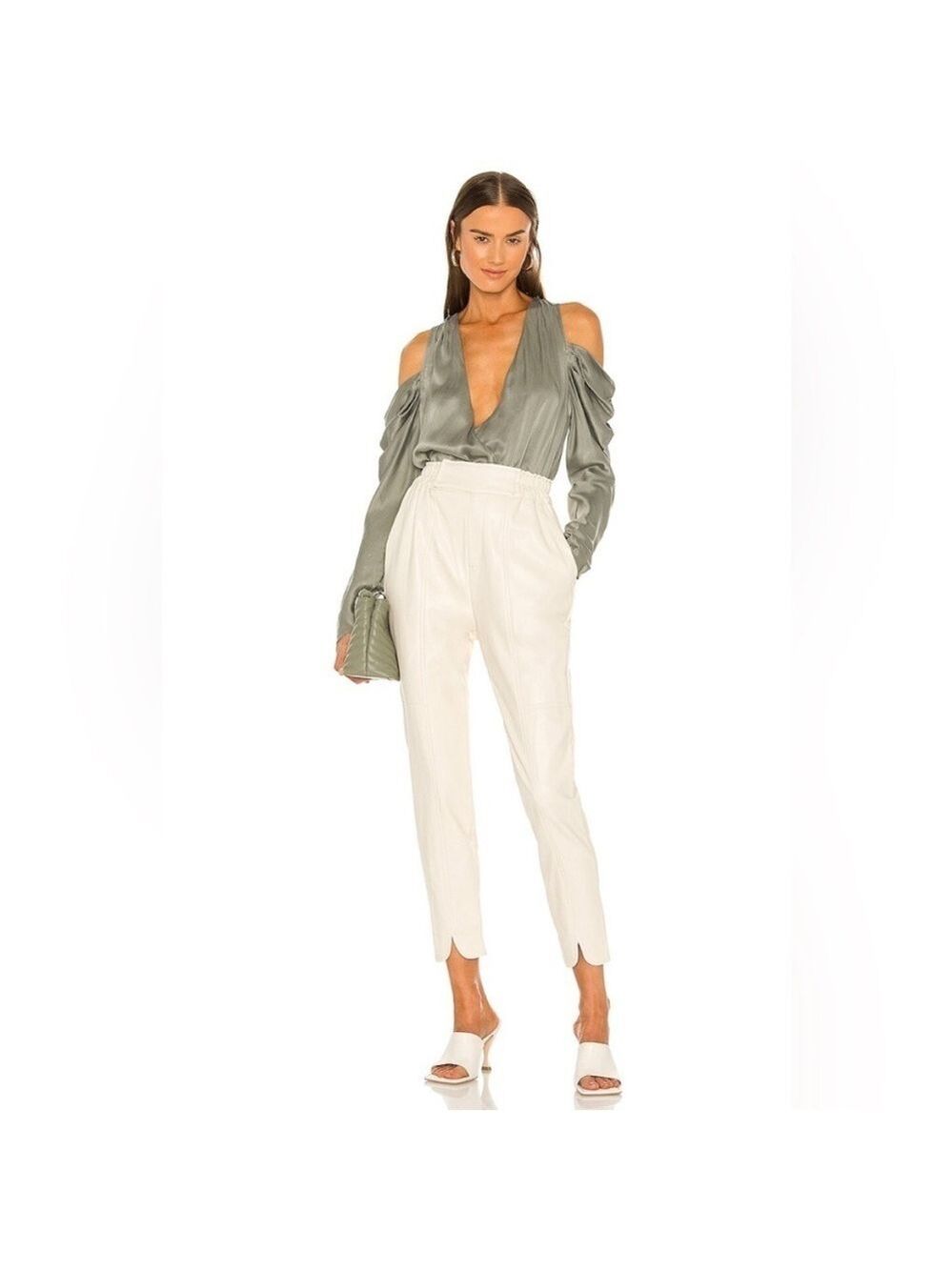 NWT Jonathan Simkhai Silk Remington Cold Shoulder Long Sleeve Blouse in Sage, XS